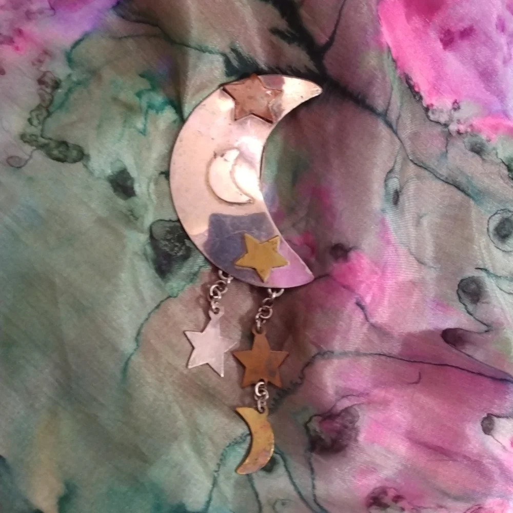 Sterling moon and stars brooch